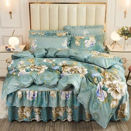 91家纺网 家纺一手货源 找家纺 雨田 2021新款韩版夹棉床裙四件套 香溢满庭