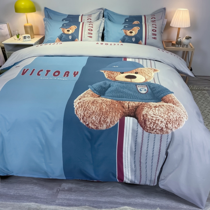 91家纺网 家纺一手货源 找家纺 金爱家 2021新款13372大版全棉卡通四件套 公仔熊