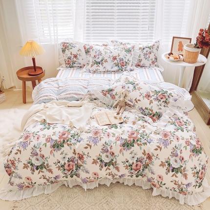 91家纺网 家纺一手货源 找家纺 （总）盛馨2023年新款13372全棉刺绣花边床笠床单四件套