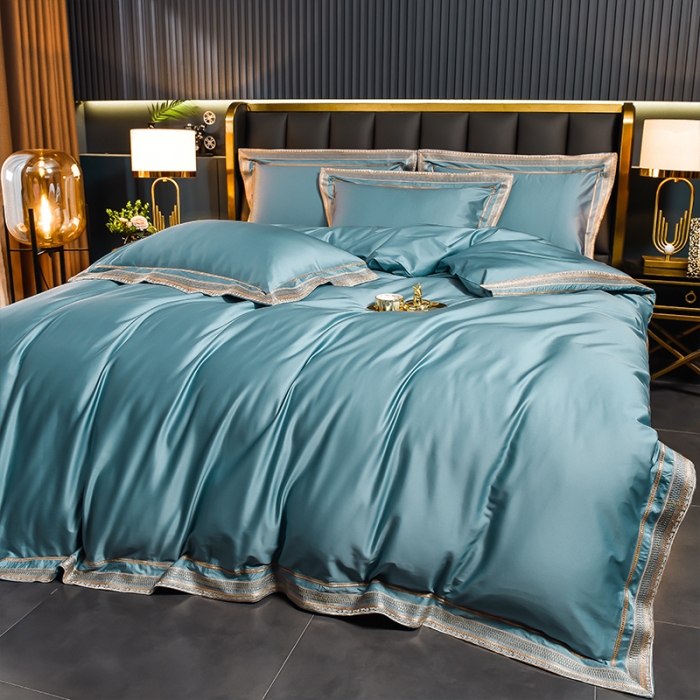 91家纺网 家纺一手货源 找家纺 2024新款高支高密轻奢风长绒棉刺绣绣花四件套千寻系列 茗萃蓝