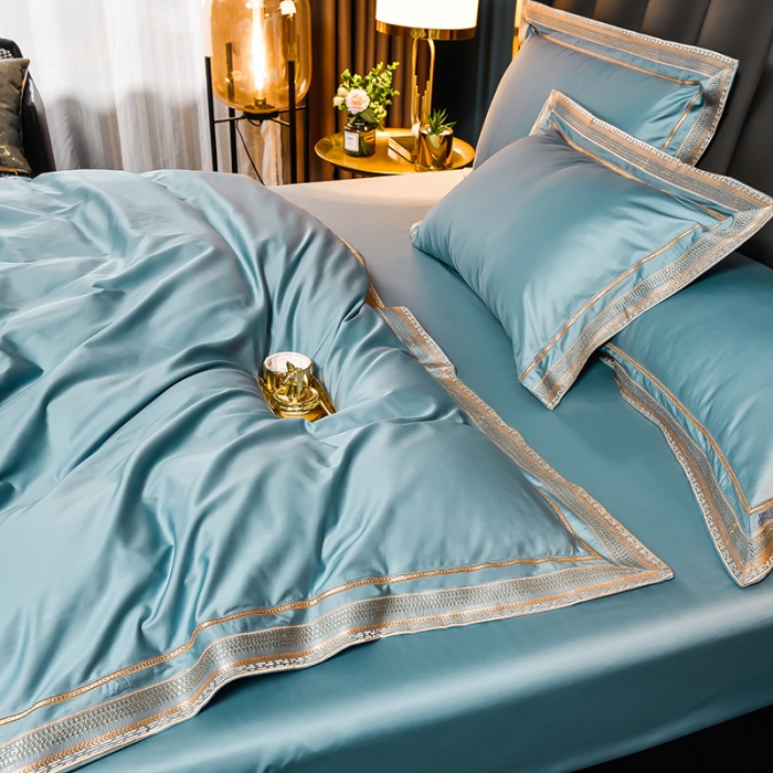 91家纺网 家纺一手货源 找家纺 2024新款高支高密轻奢风长绒棉刺绣绣花四件套千寻系列 茗萃蓝