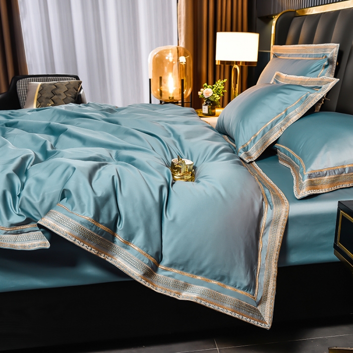 91家纺网 家纺一手货源 找家纺 2024新款高支高密轻奢风长绒棉刺绣绣花四件套千寻系列 茗萃蓝