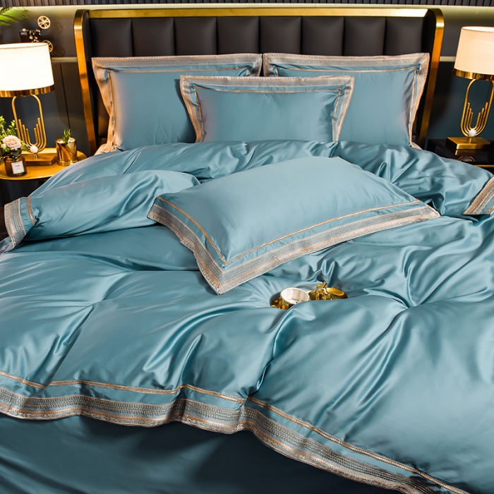 91家纺网 家纺一手货源 找家纺 2024新款高支高密轻奢风长绒棉刺绣绣花四件套千寻系列 茗萃蓝