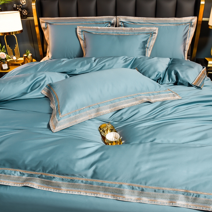 91家纺网 家纺一手货源 找家纺 2024新款高支高密轻奢风长绒棉刺绣绣花四件套千寻系列 茗萃蓝