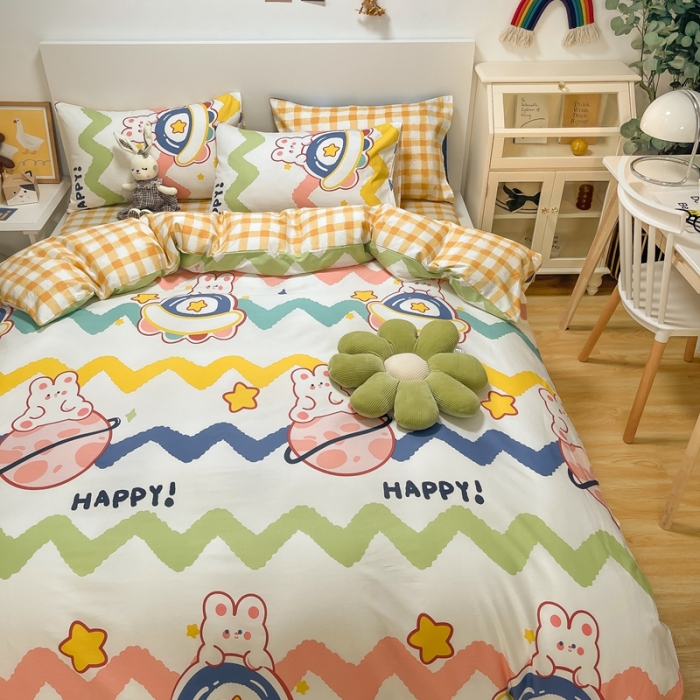 91家纺网 家纺一手货源 找家纺 曼之夏2022款全棉13372匹马棉纯棉印花四件套快乐星球兔