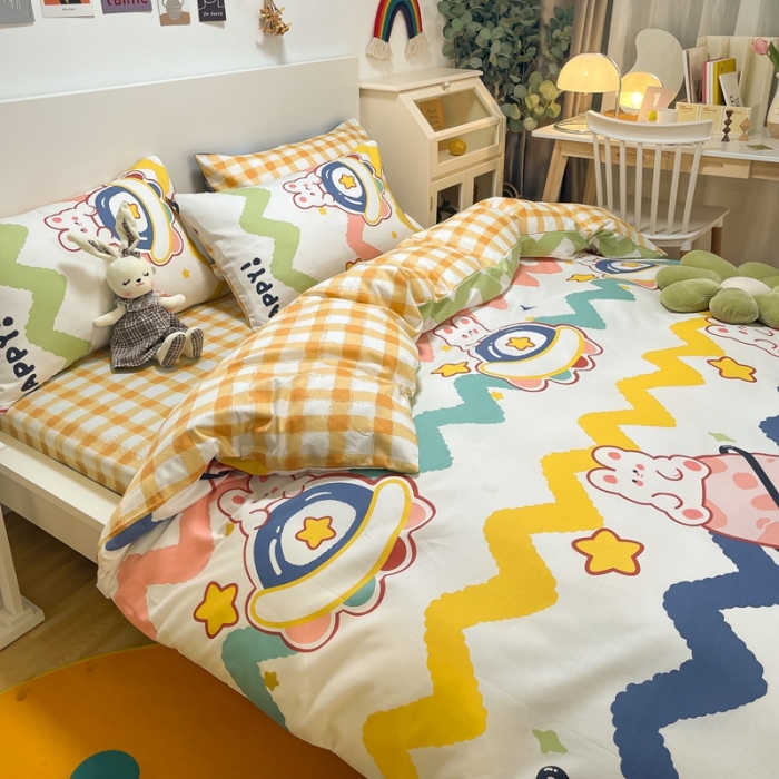 91家纺网 家纺一手货源 找家纺 曼之夏2022款全棉13372匹马棉纯棉印花四件套快乐星球兔