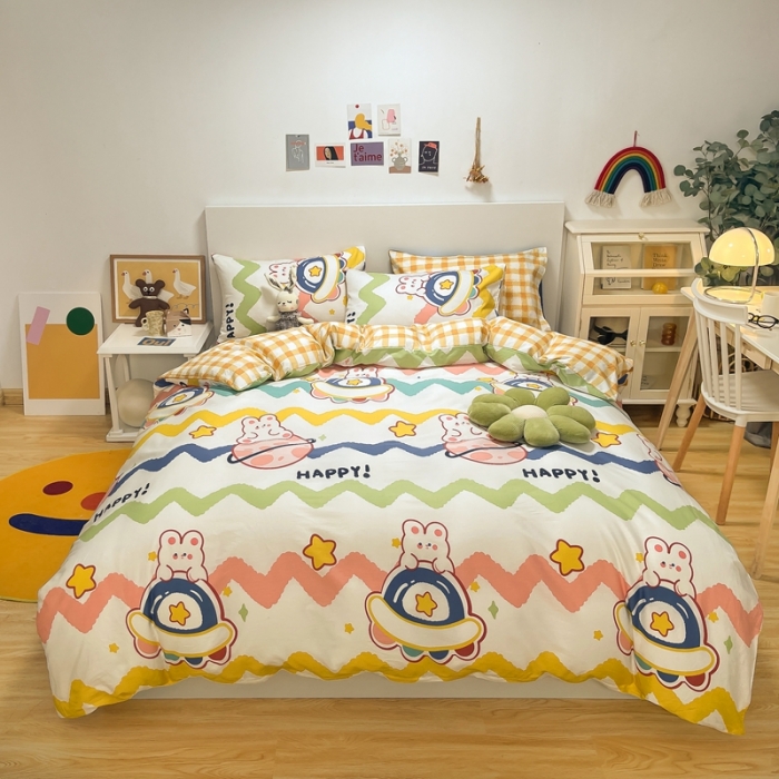 91家纺网 家纺一手货源 找家纺 曼之夏2022款全棉13372匹马棉纯棉印花四件套快乐星球兔