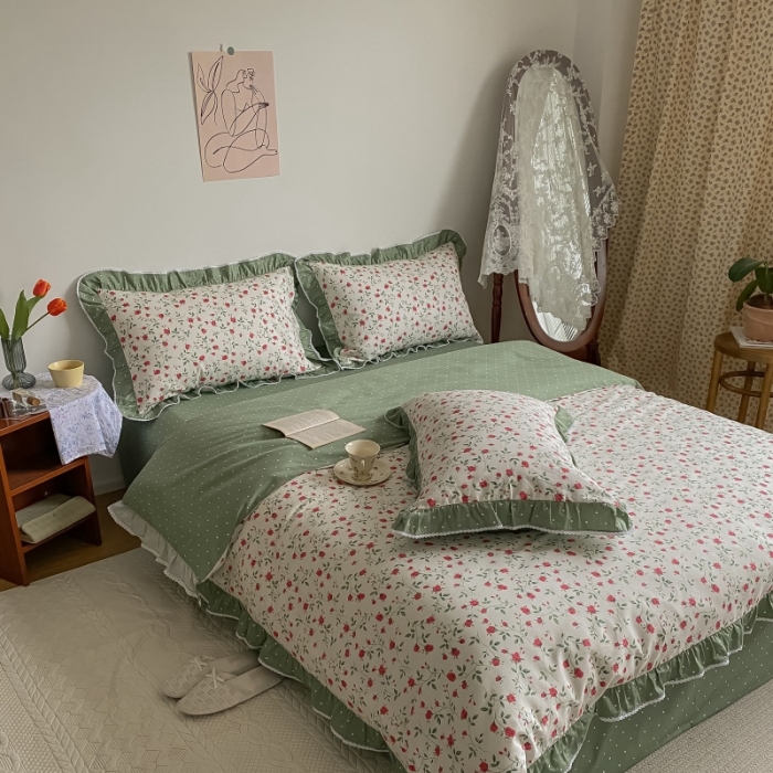 91家纺网 家纺一手货源 找家纺 棉生活 2022新款韩系花边碎花四件套 法尔曼