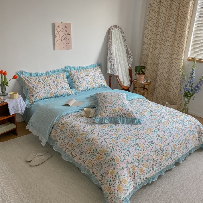 91家纺网 家纺一手货源 找家纺 棉生活 2022新款韩系花边碎花四件套 秘密花园