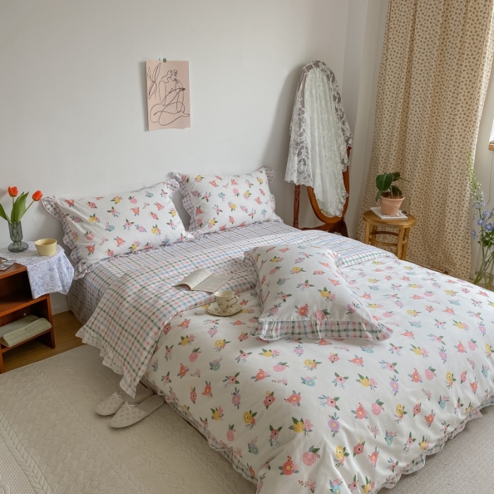 91家纺网 家纺一手货源 找家纺 棉生活 2022新款韩系花边碎花四件套 你的花香