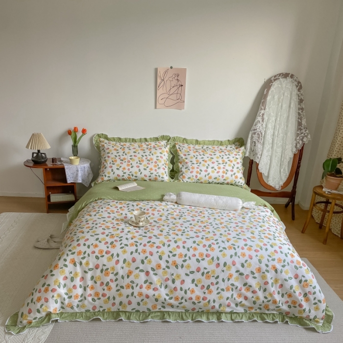 91家纺网 家纺一手货源 找家纺 棉生活 2022新款韩系花边碎花四件套 夏果桔