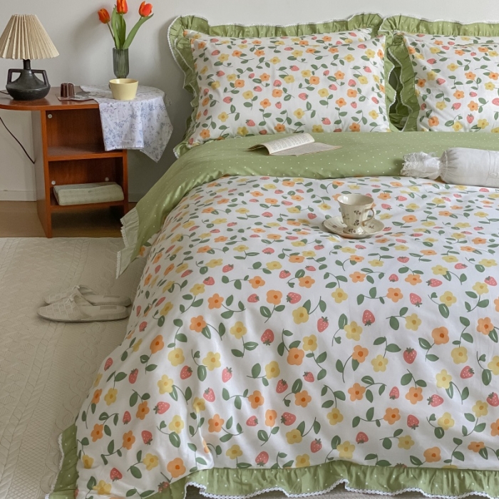 91家纺网 家纺一手货源 找家纺 棉生活 2022新款韩系花边碎花四件套 夏果桔