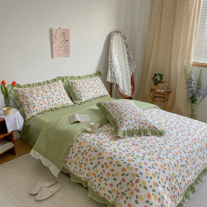 91家纺网 家纺一手货源 找家纺 棉生活 2022新款韩系花边碎花四件套 夏果桔