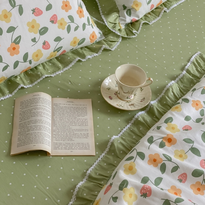 91家纺网 家纺一手货源 找家纺 棉生活 2022新款韩系花边碎花四件套 夏果桔