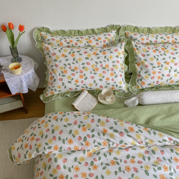 91家纺网 家纺一手货源 找家纺 棉生活 2022新款韩系花边碎花四件套 夏果桔