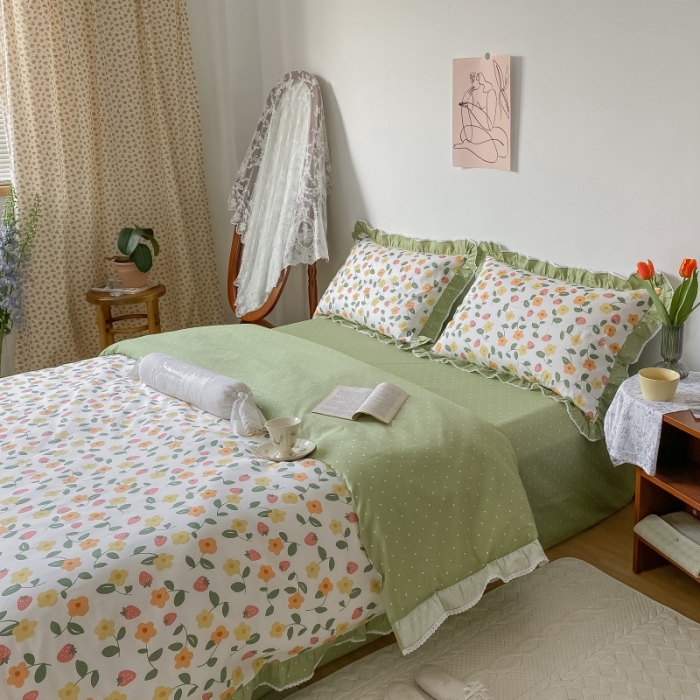 91家纺网 家纺一手货源 找家纺 棉生活 2022新款韩系花边碎花四件套 夏果桔