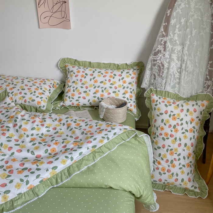 91家纺网 家纺一手货源 找家纺 棉生活 2022新款韩系花边碎花四件套 夏果桔