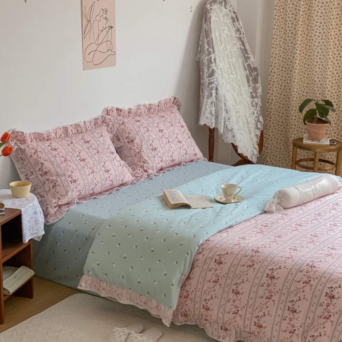 91家纺网 家纺一手货源 找家纺 棉生活 2022新款韩系花边碎花四件套 橡皮粉花