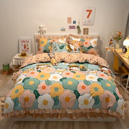 91家纺网 家纺一手货源 找家纺 上尚居 2024新款小清新韩版花边磨毛四件套 元气少女-粉