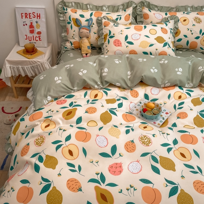 91家纺网 家纺一手货源 找家纺 上尚居 2024新款小清新韩版花边磨毛四件套水洗棉 青青果园