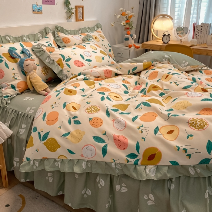 91家纺网 家纺一手货源 找家纺 上尚居 2024新款小清新韩版花边磨毛四件套水洗棉 青青果园