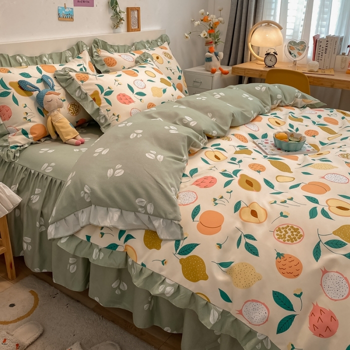 91家纺网 家纺一手货源 找家纺 上尚居 2024新款小清新韩版花边磨毛四件套水洗棉 青青果园