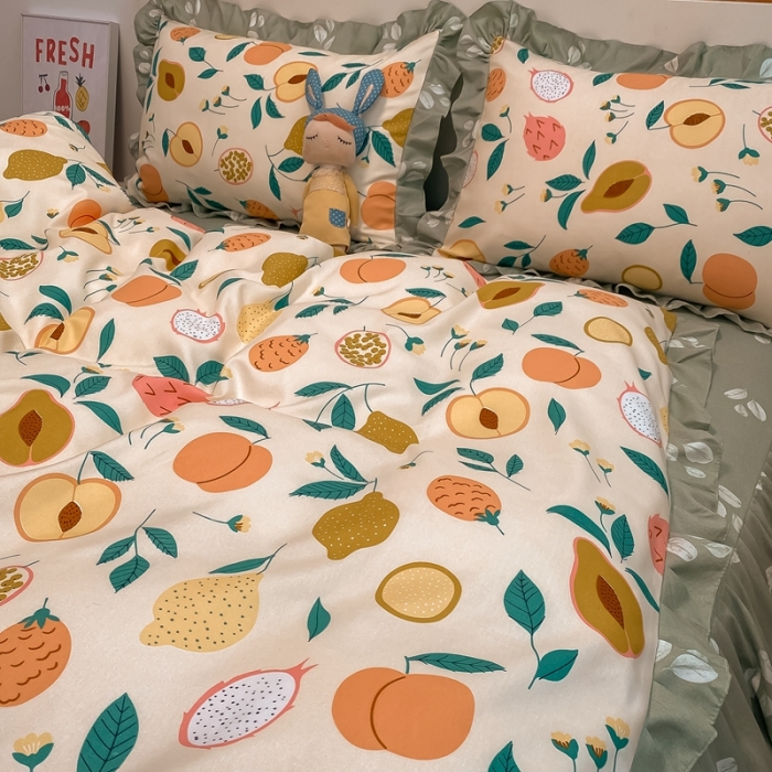 91家纺网 家纺一手货源 找家纺 上尚居 2024新款小清新韩版花边磨毛四件套水洗棉 青青果园