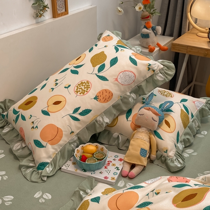 91家纺网 家纺一手货源 找家纺 上尚居 2024新款小清新韩版花边磨毛四件套水洗棉 青青果园