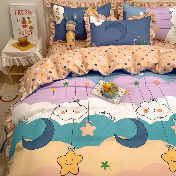 91家纺网 家纺一手货源 找家纺 上尚居 2024新款小清新韩版花边磨毛四件套水洗棉 晚安-蓝