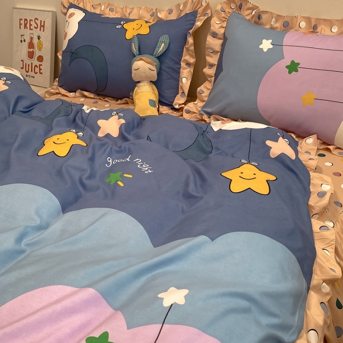 91家纺网 家纺一手货源 找家纺 上尚居 2024新款小清新韩版花边磨毛四件套水洗棉 晚安-蓝