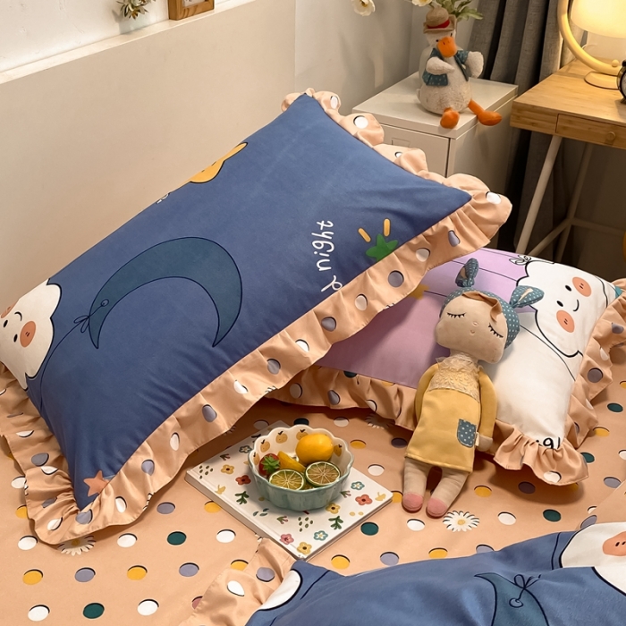 91家纺网 家纺一手货源 找家纺 上尚居 2024新款小清新韩版花边磨毛四件套水洗棉 晚安-蓝