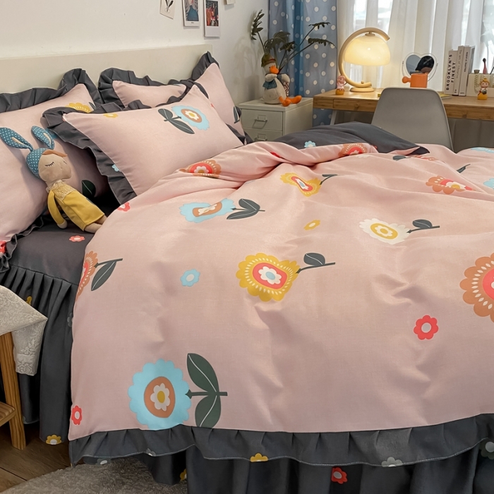 91家纺网 家纺一手货源 找家纺 上尚居2024新款小清新韩版花边磨毛四件套水洗棉向阳花开-粉