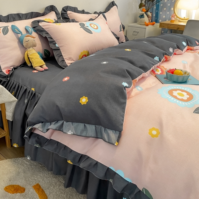 91家纺网 家纺一手货源 找家纺 上尚居2024新款小清新韩版花边磨毛四件套水洗棉向阳花开-粉