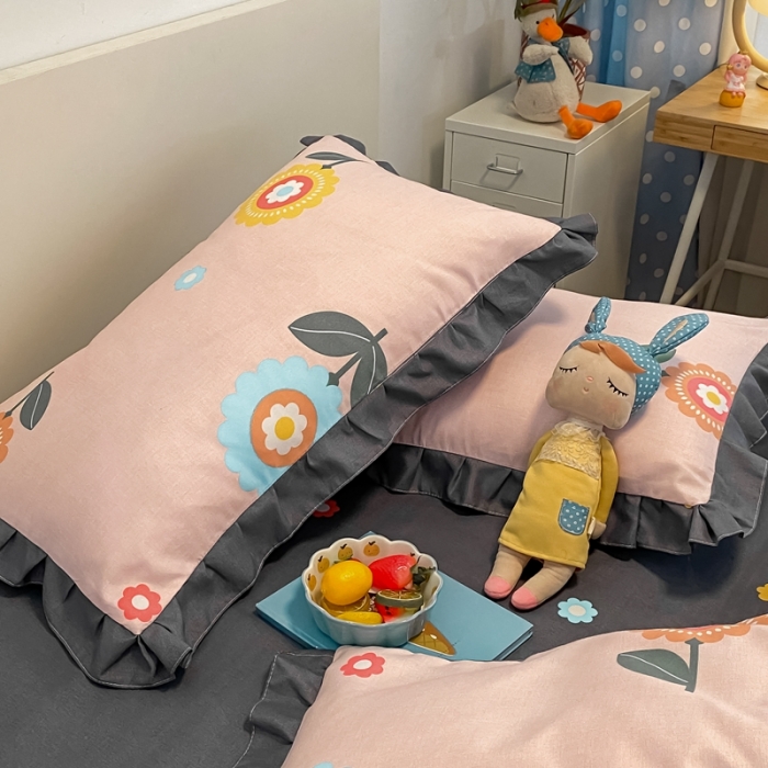 91家纺网 家纺一手货源 找家纺 上尚居2024新款小清新韩版花边磨毛四件套水洗棉向阳花开-粉