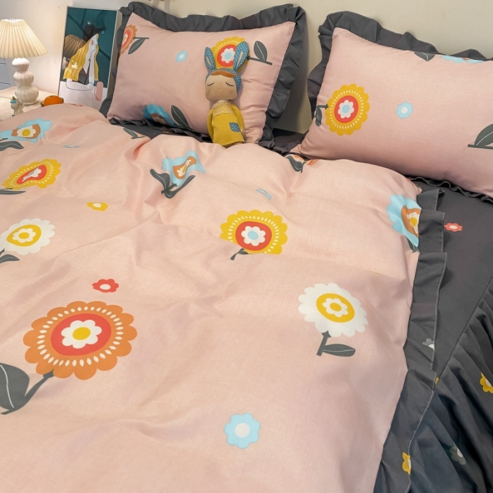 91家纺网 家纺一手货源 找家纺 上尚居2024新款小清新韩版花边磨毛四件套水洗棉向阳花开-粉