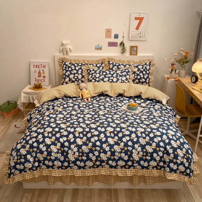 91家纺网 家纺一手货源 找家纺 上尚居 2024新款小清新韩版花边磨毛四件套水洗棉 小雏菊