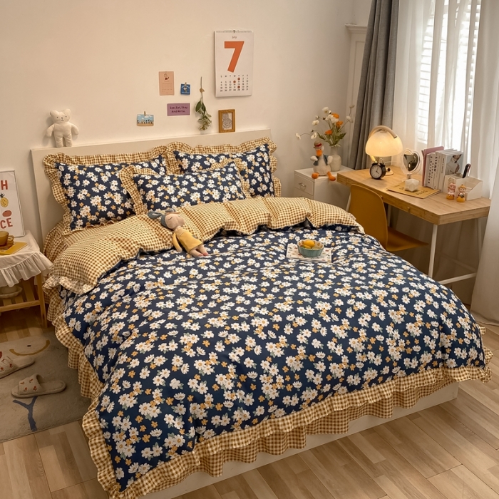 91家纺网 家纺一手货源 找家纺 上尚居 2024新款小清新韩版花边磨毛四件套水洗棉 小雏菊