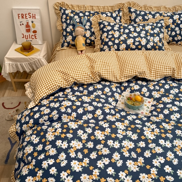 91家纺网 家纺一手货源 找家纺 上尚居 2024新款小清新韩版花边磨毛四件套水洗棉 小雏菊