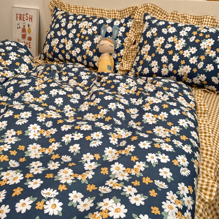 91家纺网 家纺一手货源 找家纺 上尚居 2024新款小清新韩版花边磨毛四件套水洗棉 小雏菊