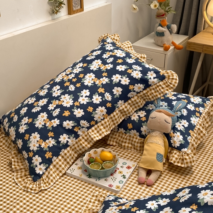 91家纺网 家纺一手货源 找家纺 上尚居 2024新款小清新韩版花边磨毛四件套水洗棉 小雏菊