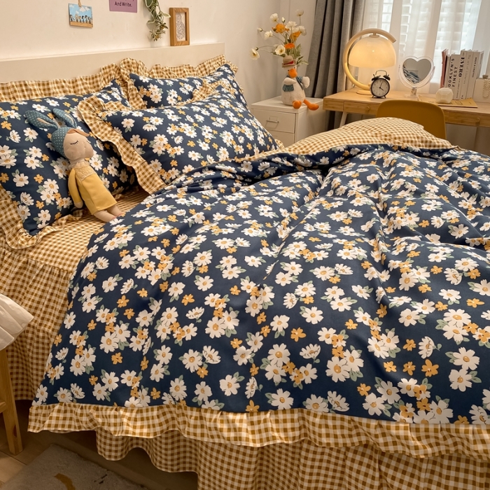 91家纺网 家纺一手货源 找家纺 上尚居 2024新款小清新韩版花边磨毛四件套水洗棉 小雏菊