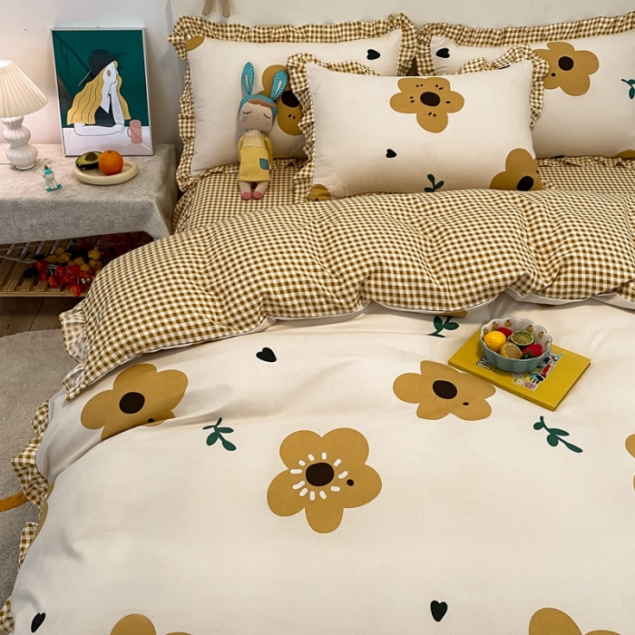 91家纺网 家纺一手货源 找家纺 上尚居2024新款小清新韩版花边磨毛四件套水洗棉筱梦提香-米