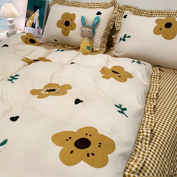 91家纺网 家纺一手货源 找家纺 上尚居2024新款小清新韩版花边磨毛四件套水洗棉筱梦提香-米