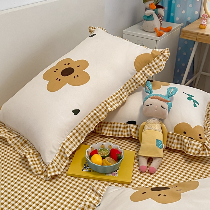 91家纺网 家纺一手货源 找家纺 上尚居2024新款小清新韩版花边磨毛四件套水洗棉筱梦提香-米