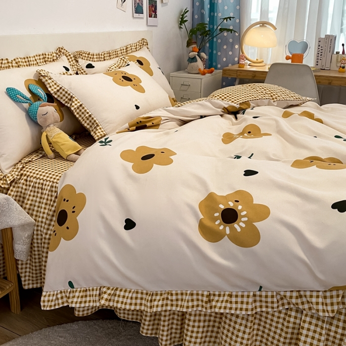 91家纺网 家纺一手货源 找家纺 上尚居2024新款小清新韩版花边磨毛四件套水洗棉筱梦提香-米