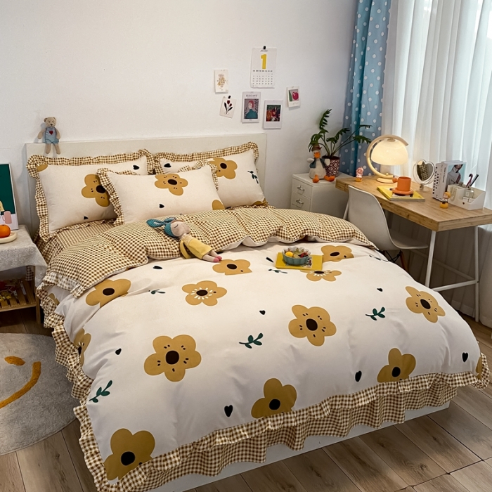 91家纺网 家纺一手货源 找家纺 上尚居2024新款小清新韩版花边磨毛四件套水洗棉筱梦提香-米