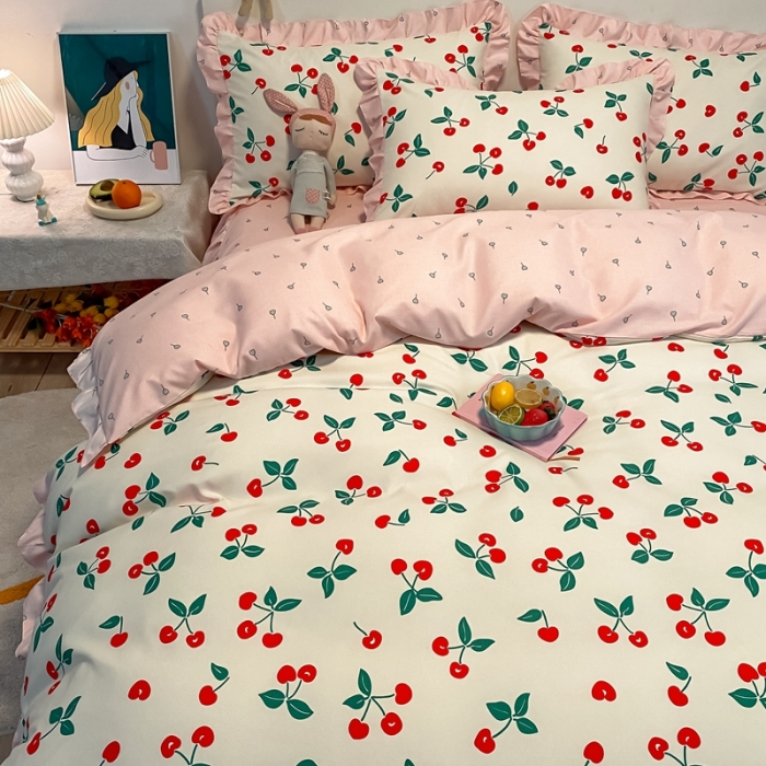 91家纺网 家纺一手货源 找家纺 上尚居 2024新款小清新韩版花边磨毛四件套水洗棉 樱桃-米