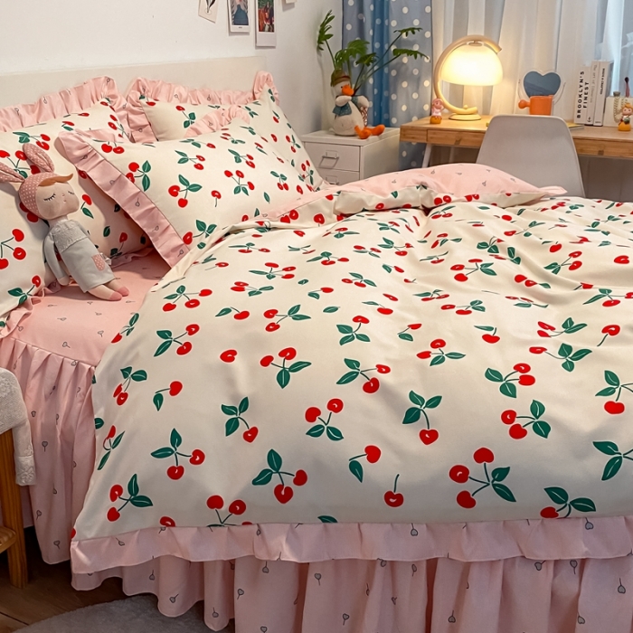 91家纺网 家纺一手货源 找家纺 上尚居 2024新款小清新韩版花边磨毛四件套水洗棉 樱桃-米