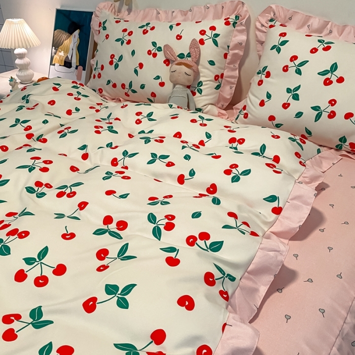 91家纺网 家纺一手货源 找家纺 上尚居 2024新款小清新韩版花边磨毛四件套水洗棉 樱桃-米