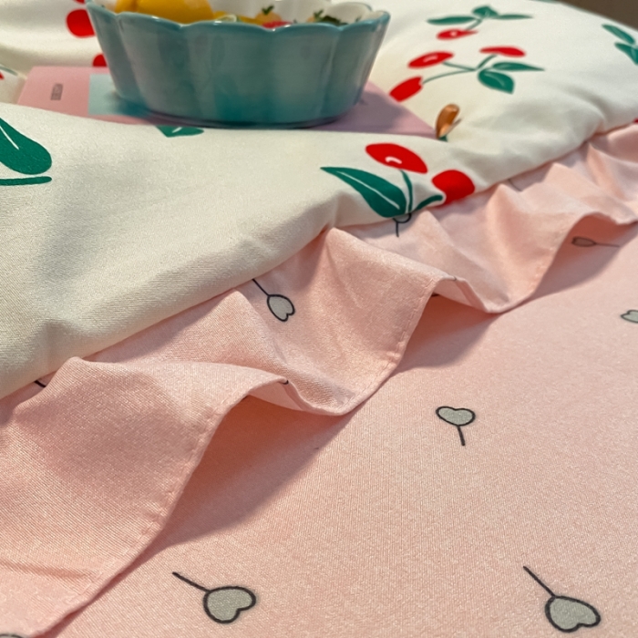 91家纺网 家纺一手货源 找家纺 上尚居 2024新款小清新韩版花边磨毛四件套水洗棉 樱桃-米